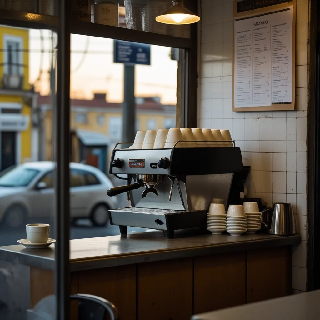 Balcão de um café de bairro ao início da manhã